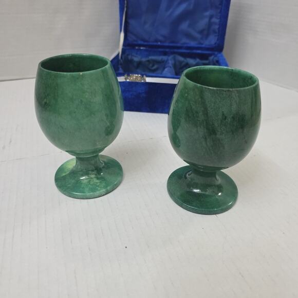 Set Of 2 Vintage Green Onyx Stone Goblet Chalice 5" Marble Cup - Picture 4 of 13